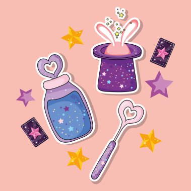 sihirli iksir ve şapka tavşan ve kartları vektör çizim ile