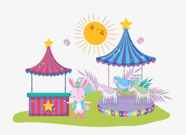 mağaza ile tavşan kostüm ve elektrik carrusel atları illüstrasyon vektör