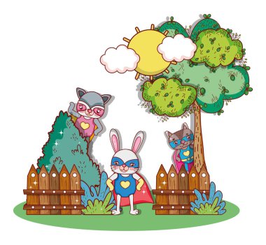 Süper kahraman kedi Rakun ve tavşan hayvanlar karikatür çizim grafik tasarım vektör