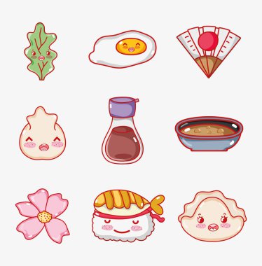 Japon Gastronomi koleksiyon sevimli kawaii çizgi film illüstrasyon grafik tasarım vektör