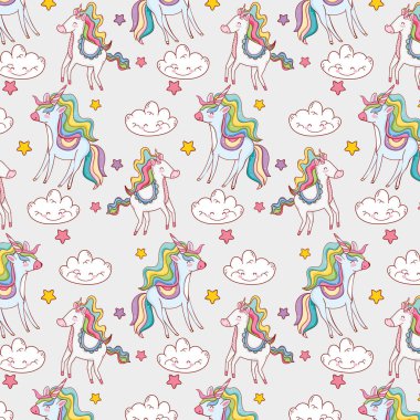 kawaii bulutlar ve yıldızlar arka plan vektör çizim olan sevimli at