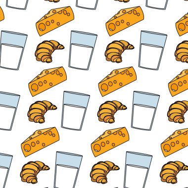 renk kruvasan ekmek süt cam ve peynir arka plan vektör çizim ile