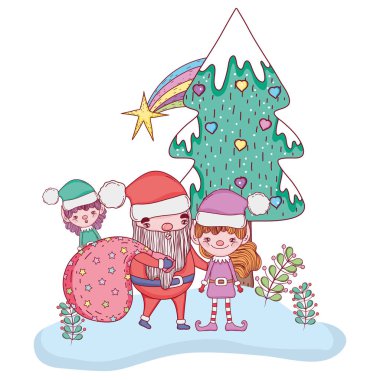 Noel Baba ile chritsmas vektör çizim elf ve çam ağacına