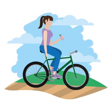 kadın yan bisiklet ve içme suyu peyzaj illüstrasyon vektör