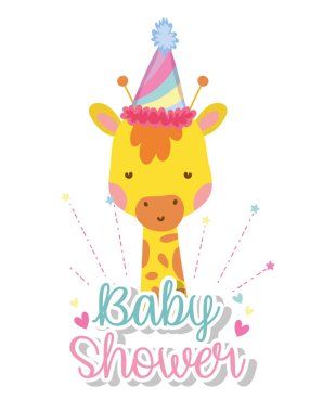 Bebek duş ve kalpleri vektör çizim için parti şapkası giyen zürafa
