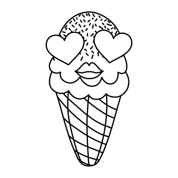 Línea Kawaii Helado Con Ojos Corazón Labios Saxos Vector Ilustración — Archivo Imágenes Vectoriales