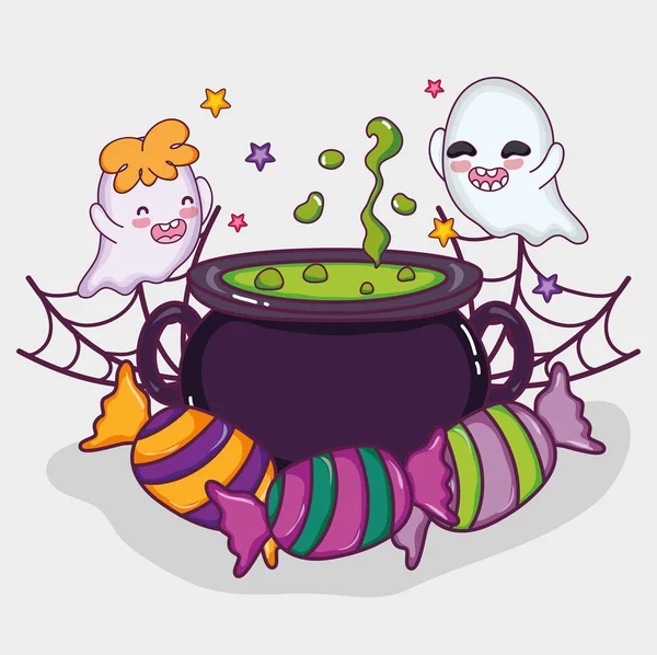 Happy halloween ghosts with soup pot and candies cartoons vector illustration graphic design