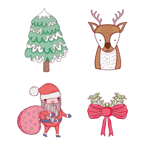 Set Santa Claus Pine Tree Deer Vector Illustration — Stock Vector