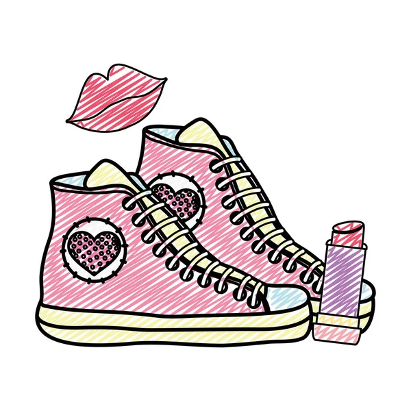 Sepatu Doodle Sneakers Dengan Bibir Mode Dan Gambar Vektor Lipstik - Stok Vektor