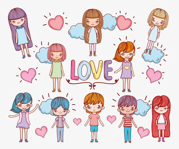 girls and boys in love with hearts and clouds vector illustration