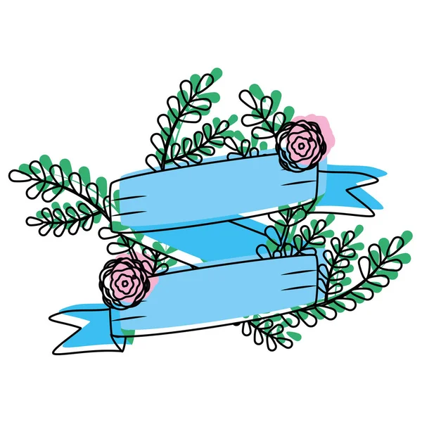 Bewegte Farbe Blumen Und Blätter Zweigpflanze Mit Band Vektor Illustration — Stockvektor