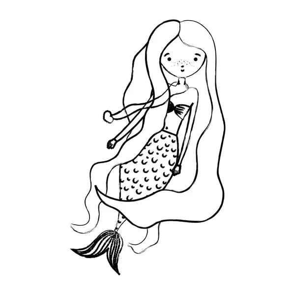 Grunge Bonita Sirena Mujer Con Peinado Corazón Collar Vector Ilustración — Vector de stock