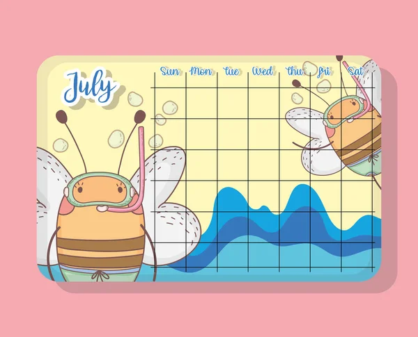 Juli Kalender Mit Bienen Niedliche Tier Vektor Illustration — Stockvektor