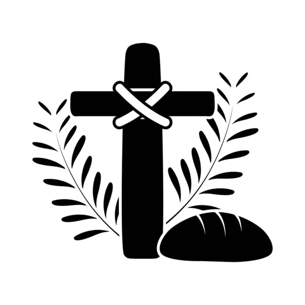 silhouette cross catholic religion with palms and bread vector illustration