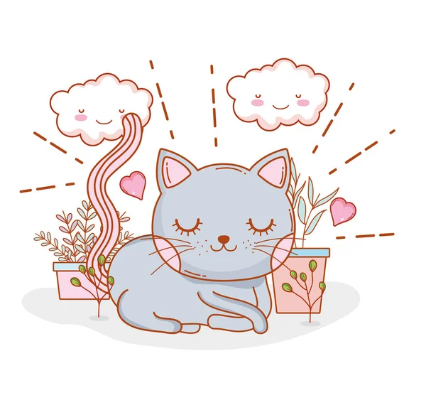 Lindo Gato Con Kawaii Nubes Corazones Vector Ilustración — Archivo Imágenes Vectoriales