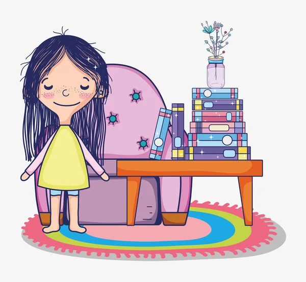 Cute girl with books inside room cartoons vector illustration graphic design