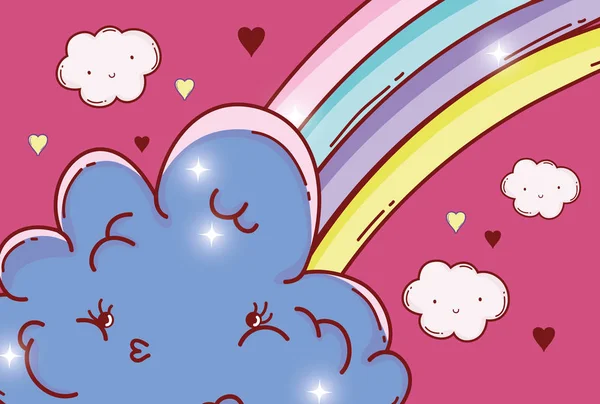 Arco Iris Con Nubes Esponjosas Kawaii Corazones Vector Ilustración — Archivo Imágenes Vectoriales