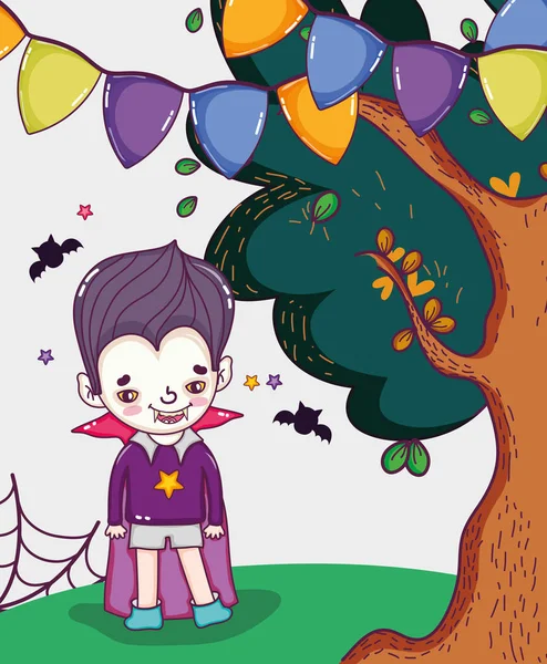 Halloween vampire boy and trees cute cartoons vector illustration graphic design