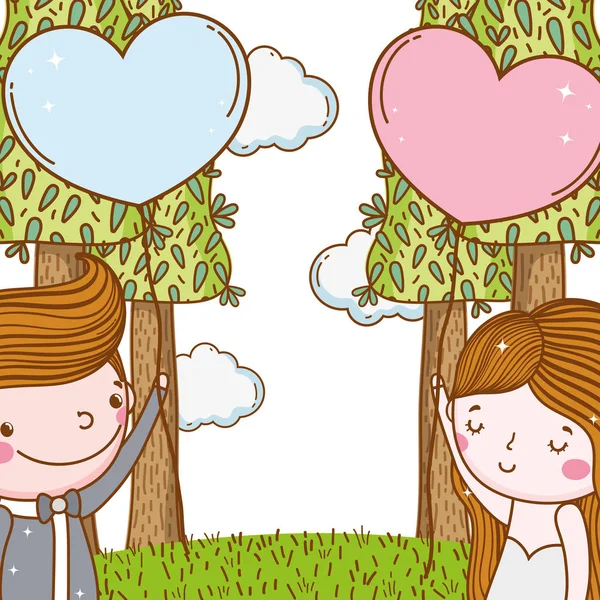 Mann Und Frau Hochzeit Mit Herzen Luftballons Vektor Illustration — Stockvektor