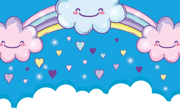 Arco Íris Com Felizes Nuvens Fofas Corações Ilustração Vetorial — Vetor de Stock