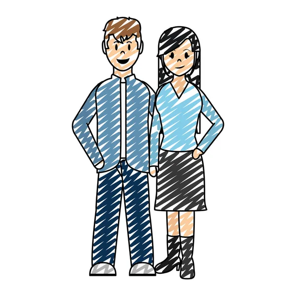 Doodle Paar Zusammen Mann Und Frau Mit Kleidung Vektor Illustration — Stockvektor