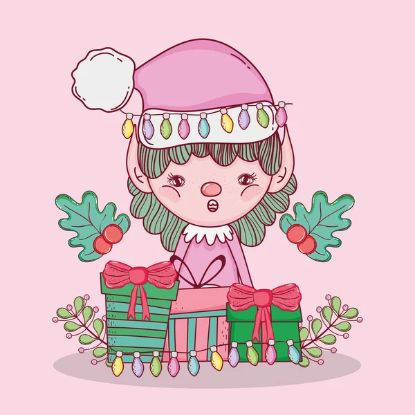 Elfo Com Presentes Guirlanda Decoração Natal Vetor Ilustração —  Vetores de Stock