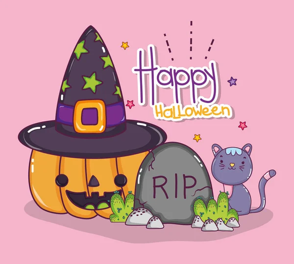 Felice Halloween Con Zucca Cappello Strega Cartoni Animati Vettoriale Illustrazione — Vettoriale Stock