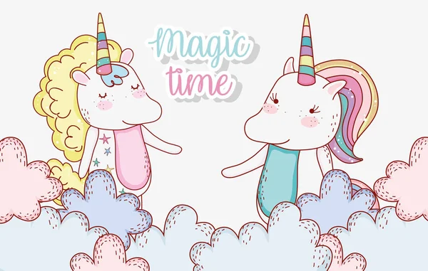 Cute Unicorn Couple Animal Clouds Vector Illustration — Stock Vector