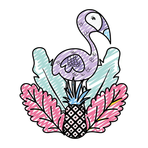 doodle exotic flamingo bird animal with tropical plants vector illustration