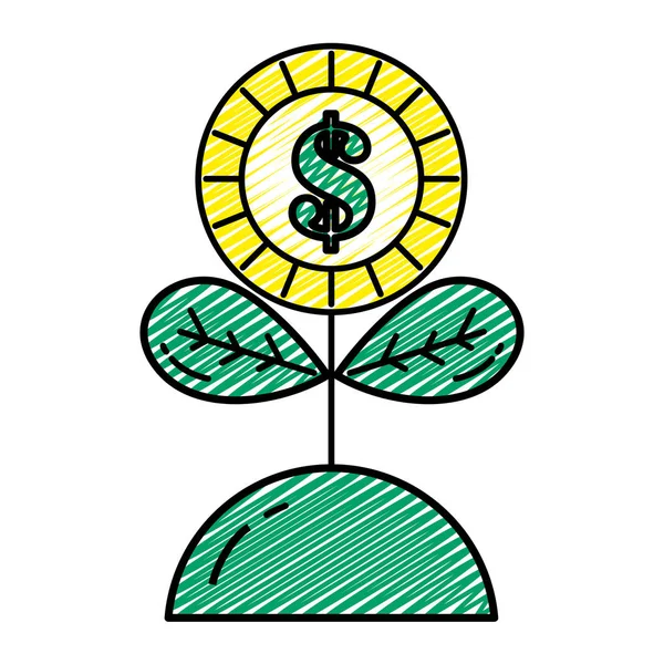 Doodle Mince Peníze Květ Listy Uvnitř Země Vektorové Ilustrace — Stockový vektor
