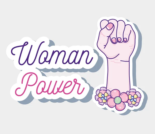 Femme Puissance Avec Main Serrée Fleurs Dessin Animé Vectoriel Illustration — Image vectorielle