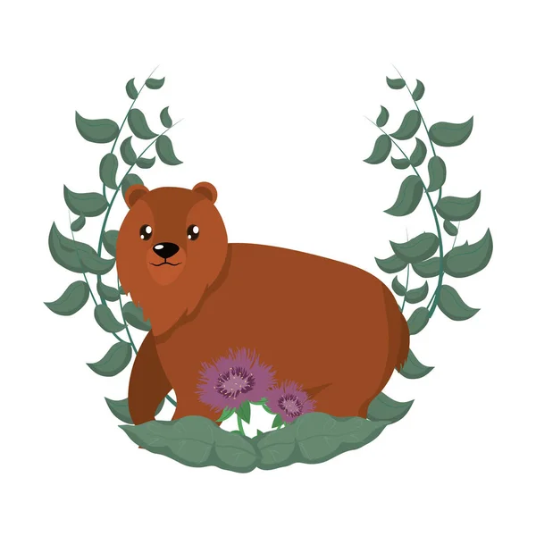 Bear Wild Animal Leaves Branches Vector Illustration — Stock Vector