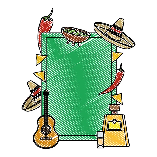 Emblema Garabato Con Comida Mexicana Tradicional Accesorios Vector Ilustración — Vector de stock