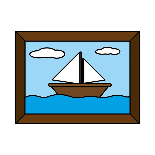 Kleur Saildboat Zee Foto Met Frame Ontwerp Vectorillustratie — Stockvector