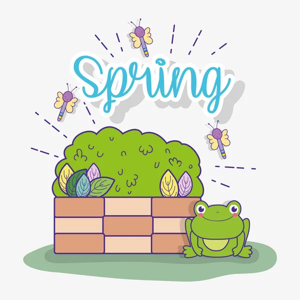 Frühlingslibellen Mit Büschen Und Blättern Mit Froschvektorillustration — Stockvektor