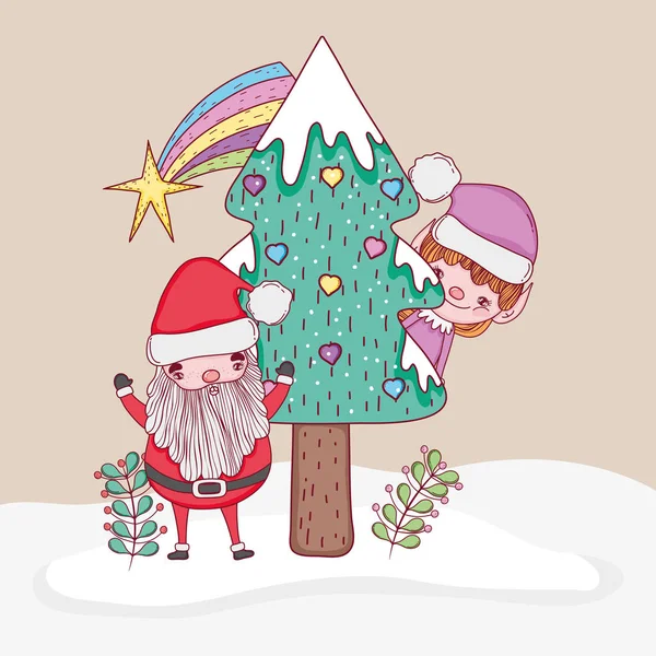 Santa Claus Dengan Ilustrasi Elf Dan Vektor Pohon Pinus - Stok Vektor