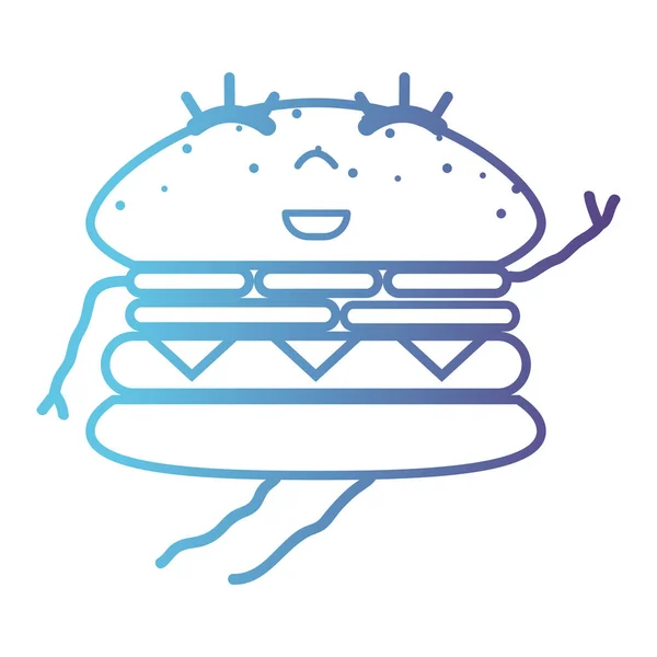 Line Kawaii Söta Happy Hamburgare Fastfood Vektorillustration — Stock vektor