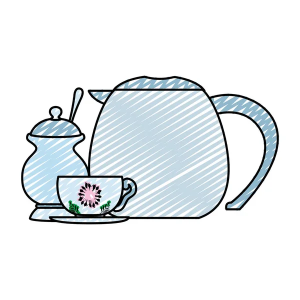 Oggetto Doodle Teiera Con Tazza Aromatica Illustrazione Vettore Zucchero — Vettoriale Stock