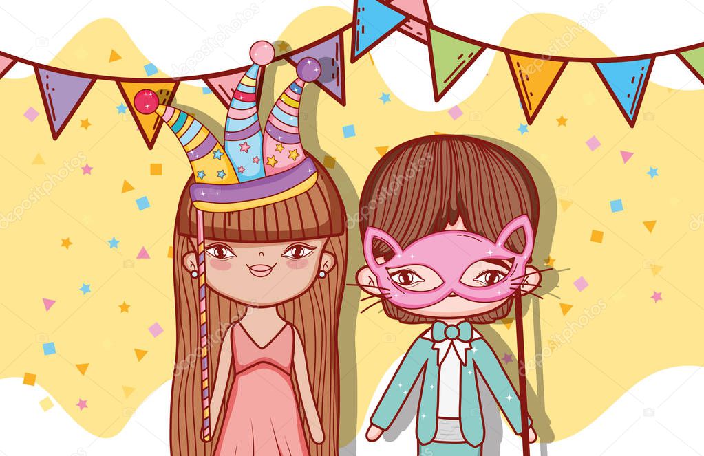 children with party flags and wearing costume vector illustration