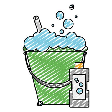 Çamaşırhane bursh iç kova ve deterjan şişesi vektör çizim doodle
