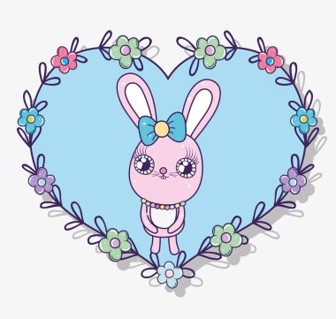 tavşan kalp şekli dekorasyon vektör çizim çiçek ve yaprakları ile içinde