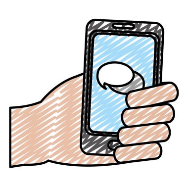 el ile sohbet kabarcık smartphone teknoloji vektör çizim içinde doodle