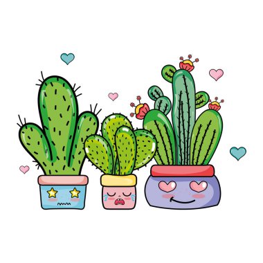 Kawaii yüz ifadesi kaktüs bitki saksı vektör çizim içinde