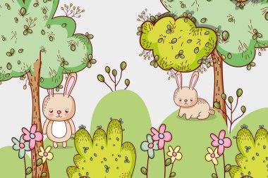 Bunnies orman doodle karikatürler illüstrasyon grafik tasarım vektör