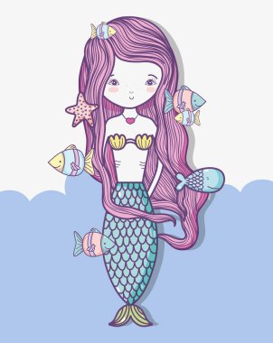 Küçük deniz kızı sanat karikatür simge vektör çizim grafik tasarım
