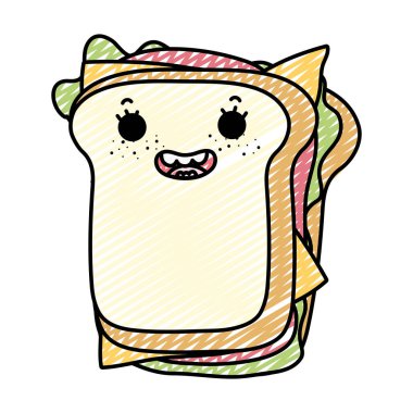 Kawaii mutlu sandviç lezzetli fastfood vektör çizim doodle