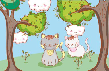 kawaii bulutlar ve ağaçlar vektör çizim ile sevimli kediler