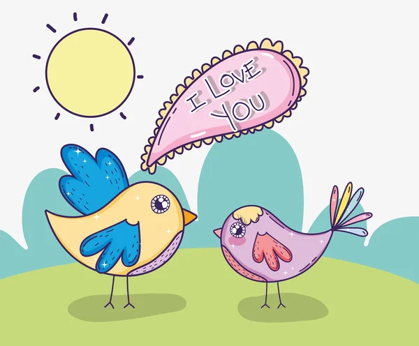 Pareja Aves Con Sol Amor Messagevector Ilustración — Vector de stock