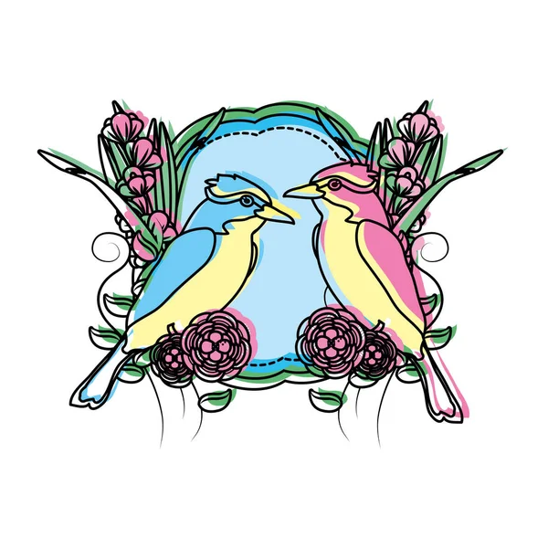 Bougé Couleur Couple Oiseau Animal Avec Fleurs Décoration Vectoriel Illustration — Image vectorielle