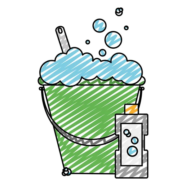 Doodle Szczotka Pralni Wewnątrz Wiadro Detergentu Butelka Vector Illustration — Wektor stockowy